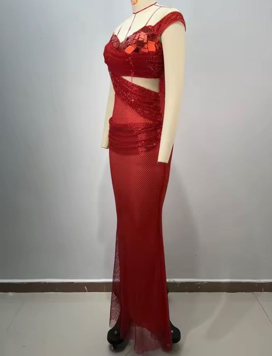 Rochie de nașă lungă roșie din plasă luxury - nouă