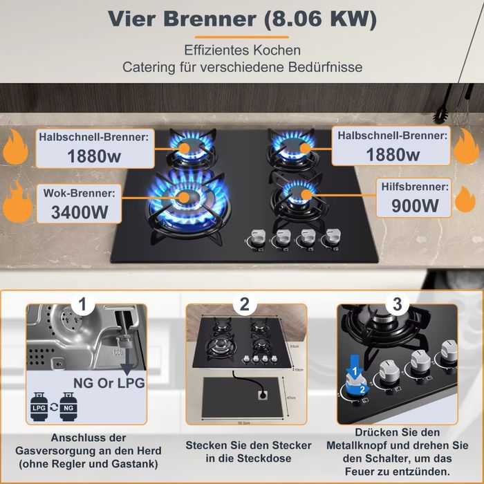 Газов котлон TopStrong – 4 горелки, 60 см, стъклена плоча