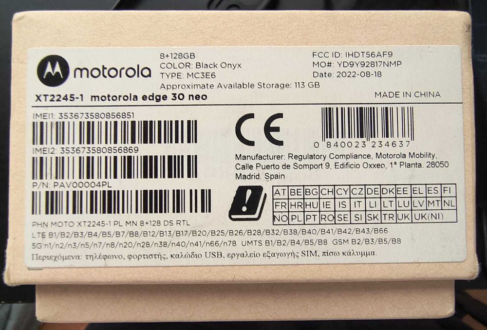 Motorola Edge 30 Neo 5G – 8GB RAM / 128GB – Dual SIM – Black Onyx