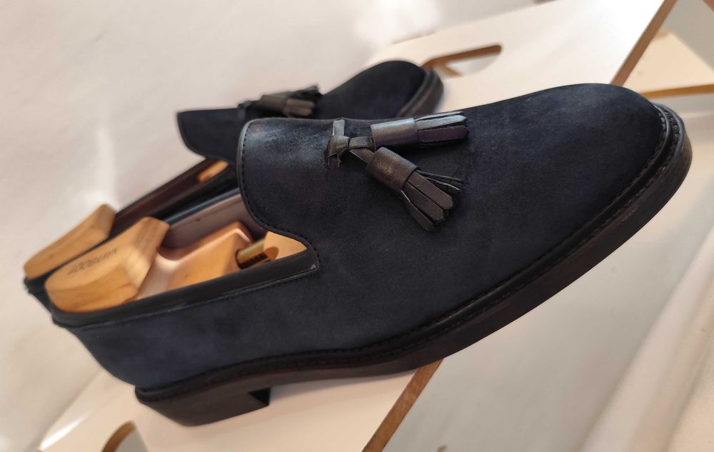 Pantofi loafer de lux 43.5 44 lucrati manual Yanko 38 NOI piele naturala albastru