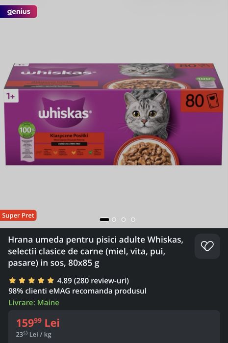 Hrana umeda pentru pisici adulte Whiskas, selectii clasice de carne (miel, vita, pui, pasare) in sos, 42x85 g