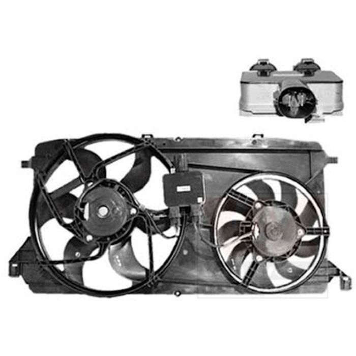GMV radiator electroventilator Ford Transit, 2006-2014, Motorizare 2, 2 92/96/103kw; 2, 3 107kw Diesel/Benzina, dimensiune 380+280 mm; 3 pini, cu modul electric controlmm, 103KW/140HP