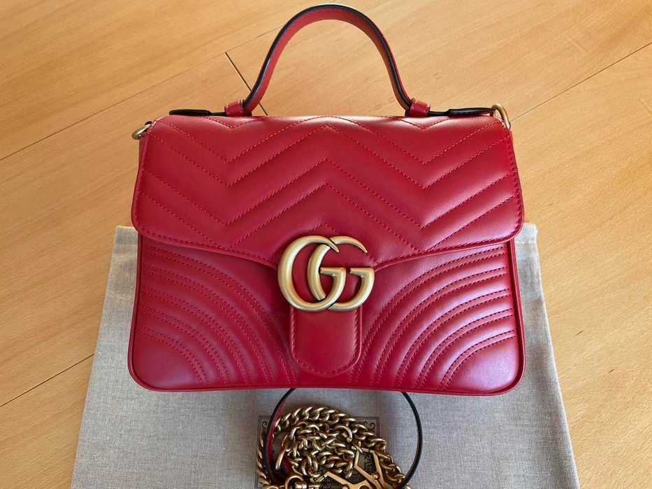 Чантa Гучи Оригинална Горна Дръжка GG Лого Marmont Червена Кожа Gucci