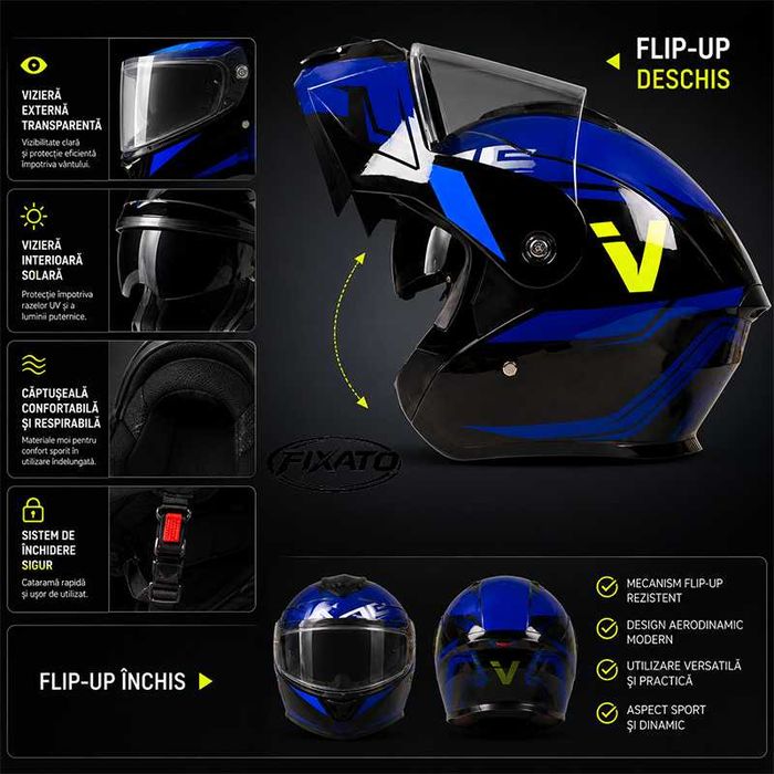 Casca Moto/Scuter Flip-Up, Viziera Dubla, Protectie UV, Albastru Inchis