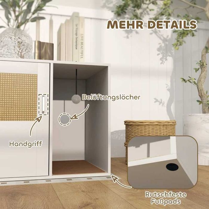 PawHut Шкаф за котешка тоалетна с подложка за драскане, врата от ратан