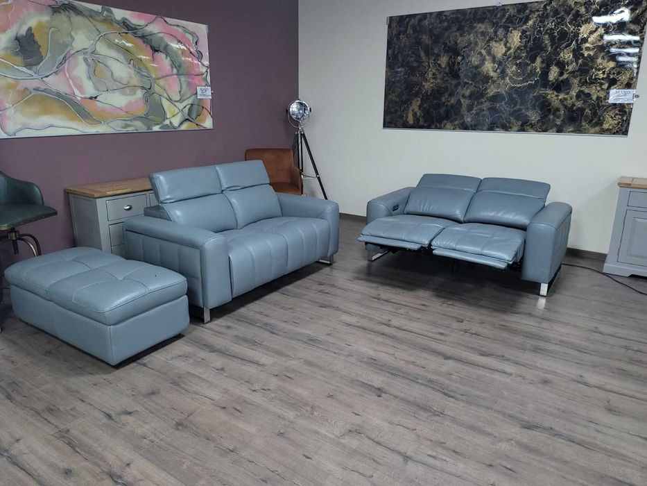 Сив кожен комплект дивани две двойки и табуретка