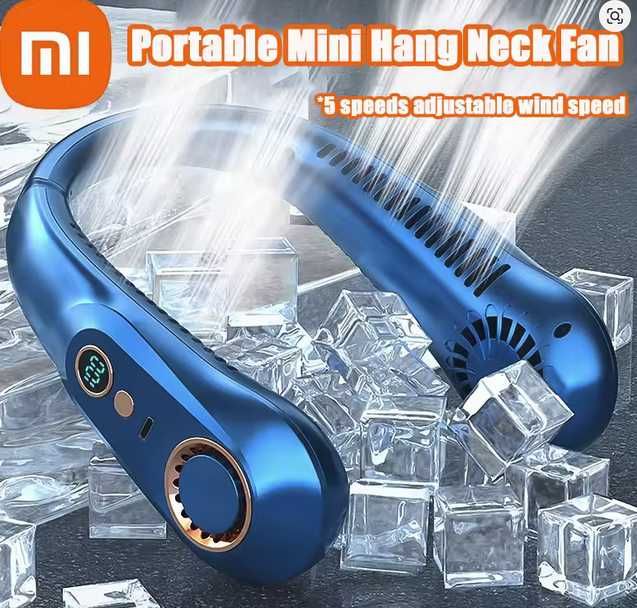 Ventilator A/C, portabil suspendat, design casti, fara palete, 5 viteze, albastru