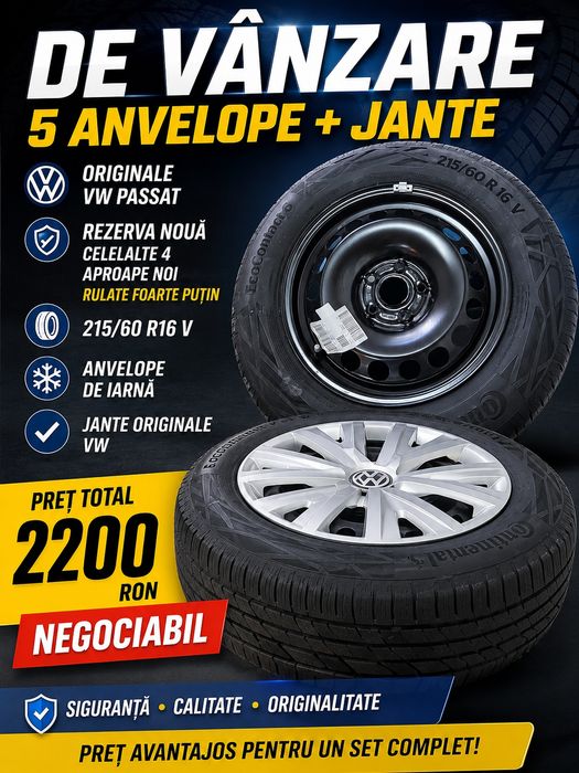 Set 5 roți complete VW Passat – 215/60 R16 – originale – 2200 lei