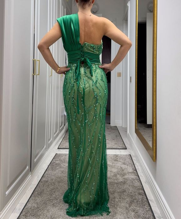 Rochie nașa verde,2 în 1  ,din dantelă și paiete