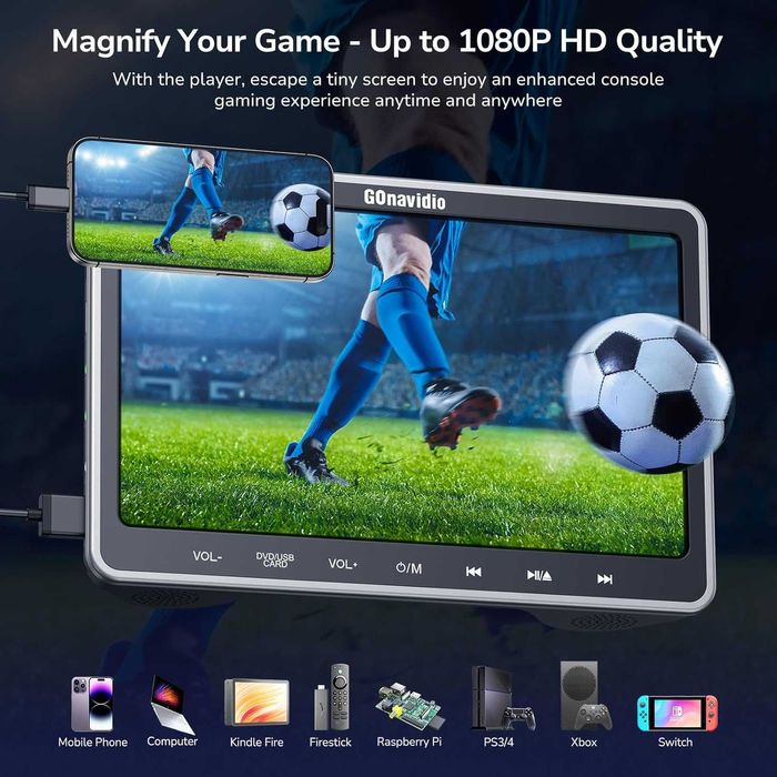 GOnavidio 10.1" двоен DVD плейър за кола за деца с HDMI вход, 2 слушалки, монтажна скоба