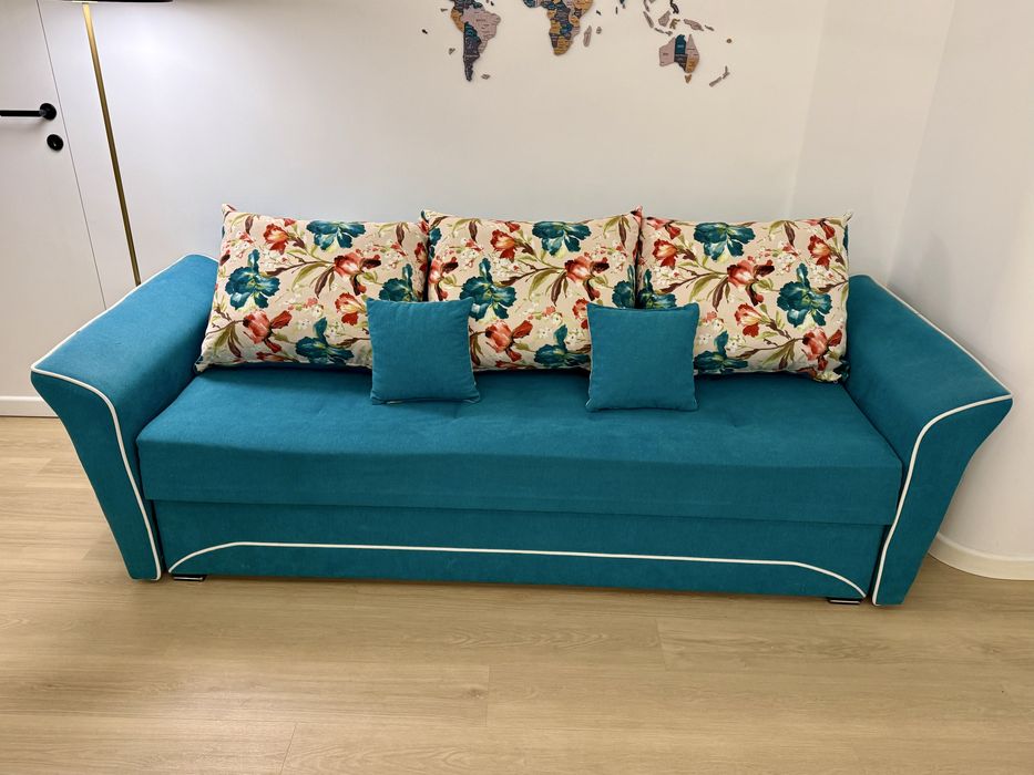 Canapea extensibilă turcoaz 3 locuri cu ladă depozitare