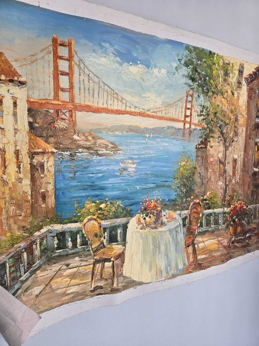 Картина масло, холст, Весна у моря, мост