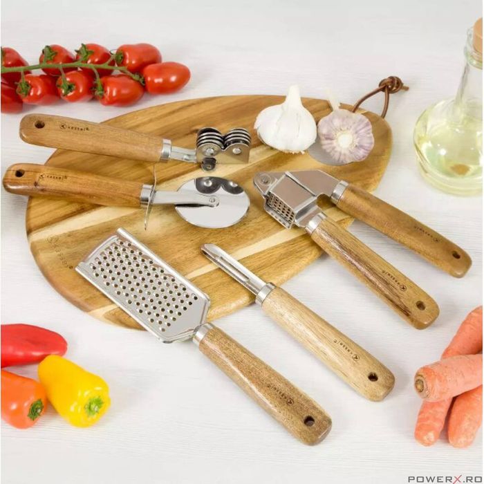 Set 5 ustensile pentru bucatarie, inox si lemn, Kassel
