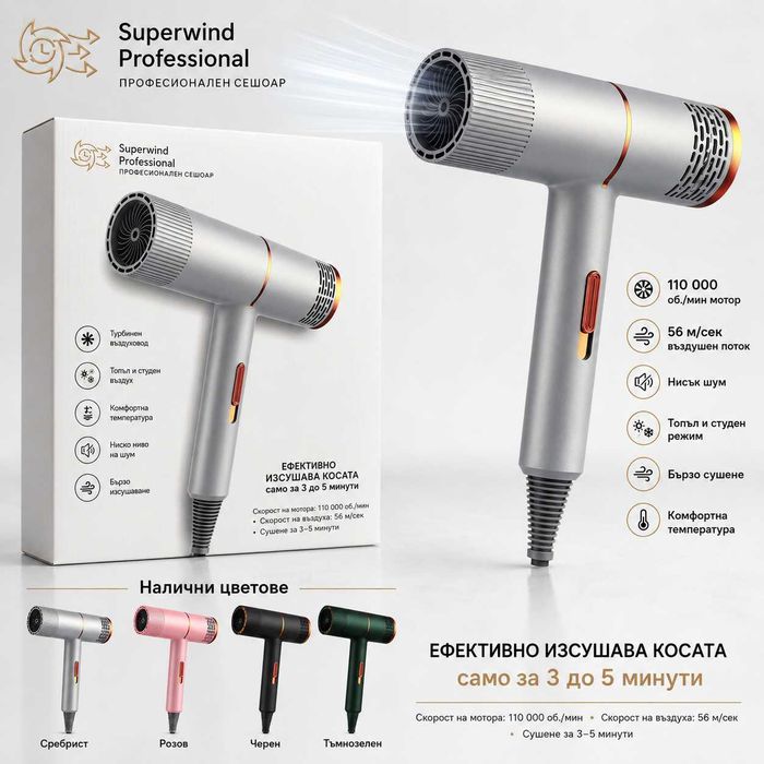 Професионален сешоар Superwind Professional 110 000 об./мин, 56 м/сек