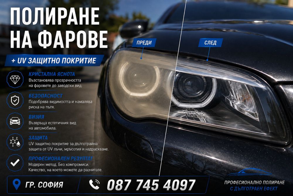 Полиране на фарове + UV защитно покритие