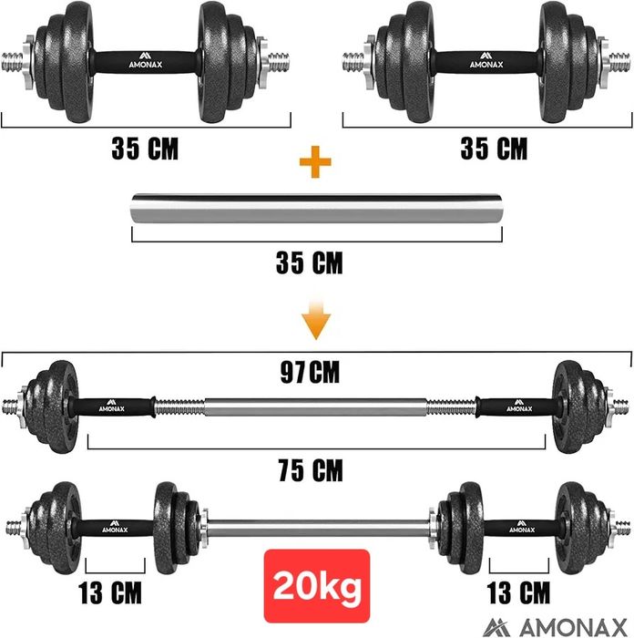 15кг/20кг Комплект 2бр Дъмбели + Щанга, чугун, стомана, Amonax