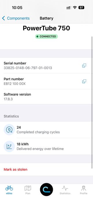 Bosch PowerTube 750 Wh Smart batt/хоризонтална смарт батерия/24 цикъла