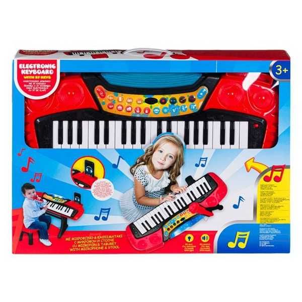 Детска йоника Mercado Trade, С микрофон, столче и светлини, Червен