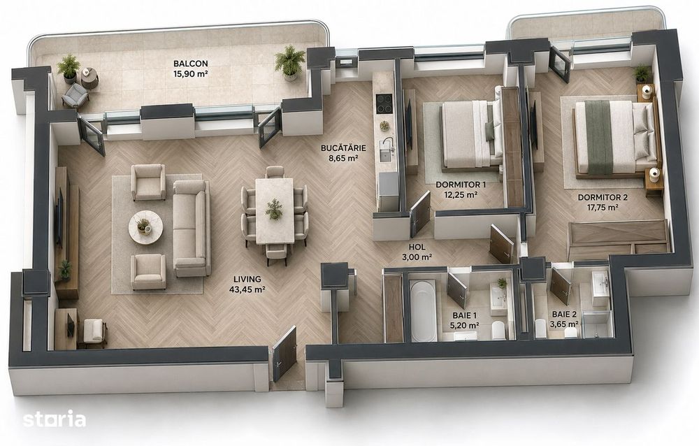 Apartament 3 camere Pipera | 109,60 mp | Balcon 15,90 mp | Etaj 7