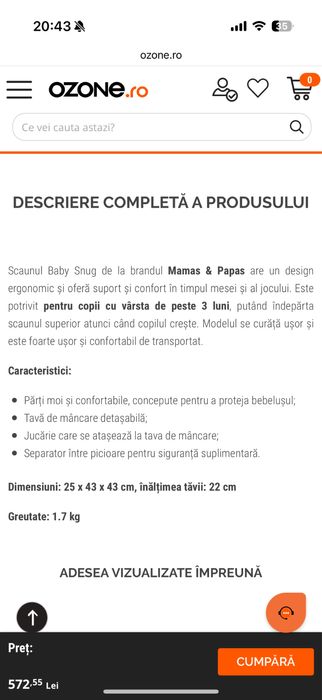Scaun pt bebelusi cu tava de joaca mamas&papas