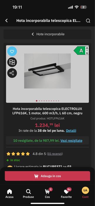 Hotă încorporabilă telescopică ELECTROLUX LFP616K