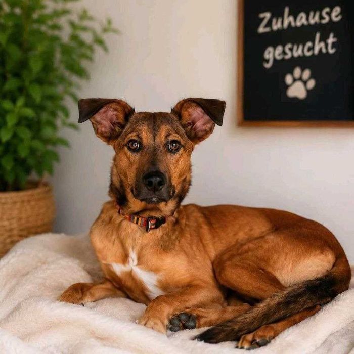 JODA, un câine mascul metis care a fost adoptat.