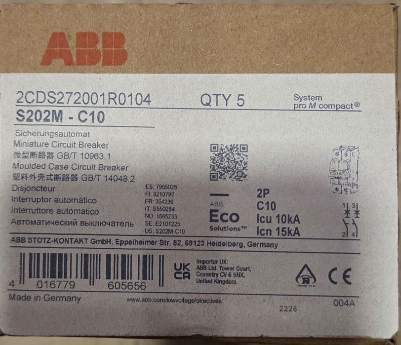 Нови Автоматични Прекъсвачи ABB S202M (2P) и S201M (1P) - 10kA (Чисто нови в кутии)