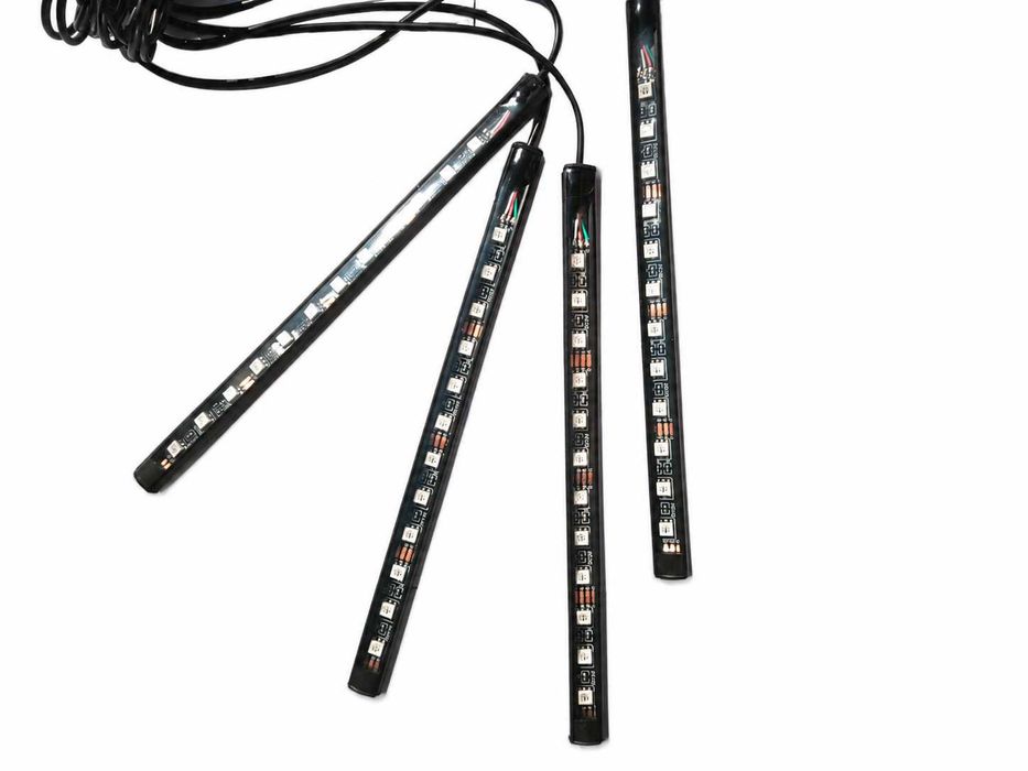 Kit 4 benzi LED picioare RGB auto, 12 LED/banda, telecomanda si sincronizare cu muzica