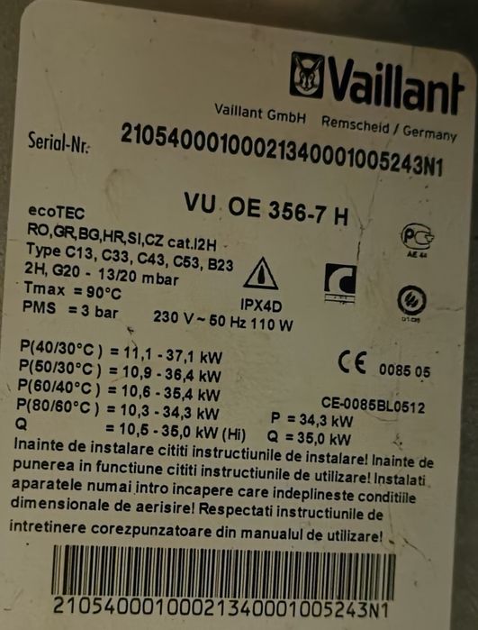 Centrala Vaillant vu oe 356-7 in condensatie