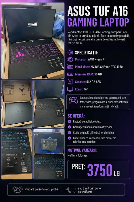 ASUS TUF A16 Gaming – Ryzen 7, RTX 4050, 16 GB RAM, 512 GB SSD – Ca Nou, Garanție