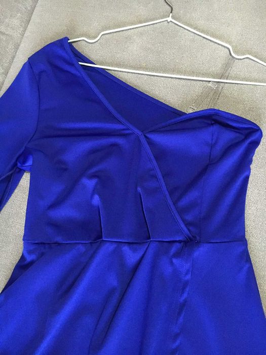 rochie albastra cu o singura maneca decupata, parte peste parte, xs/s