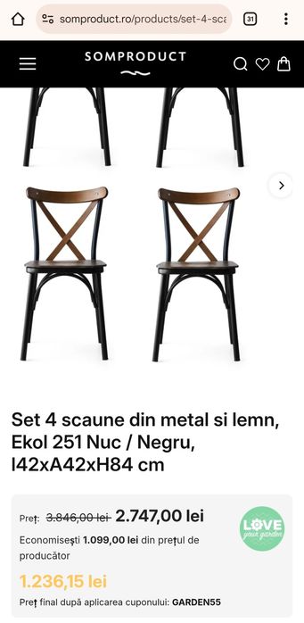 Vând Set Scaune lemn nuc și metal