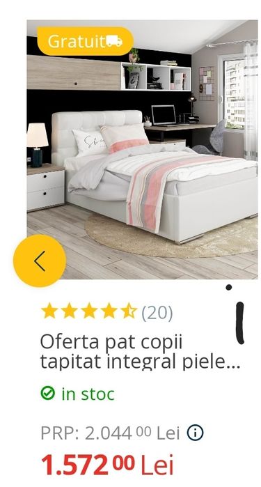 Pat 90/200, cu saltea, somieră rabatabilă şi ladă depozitare