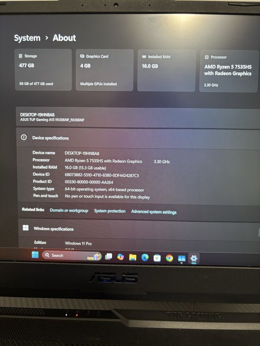 Asus TUF A15, Ryzen 5, RTX2050 4Gb