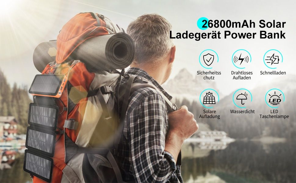 Външна батерия СОЛАРНА преносимо безжично зарядно 26800mAh power bank