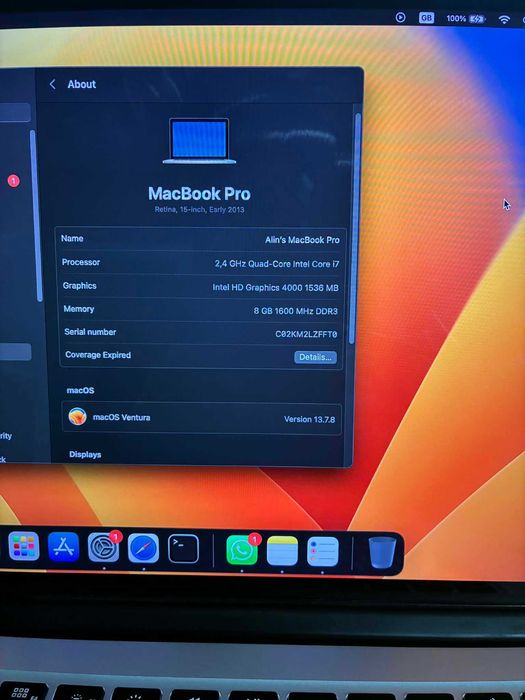 Vand MacBook Pro Retina 2013 A1398 EARLY– 8GB RAM, SSD 256GB, macOS VENTURA 13.7.8