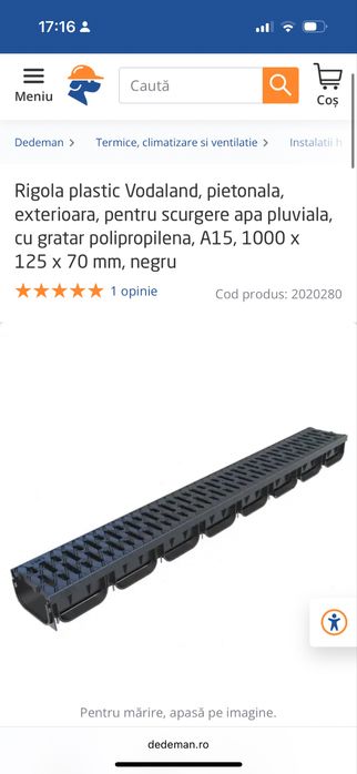 Rigola plastic Vodaland, pietonala, exterioara, pentru scurgere apa pluviala, cu gratar polipropilena, A15, 1000 x 125 x 70 mm, negru