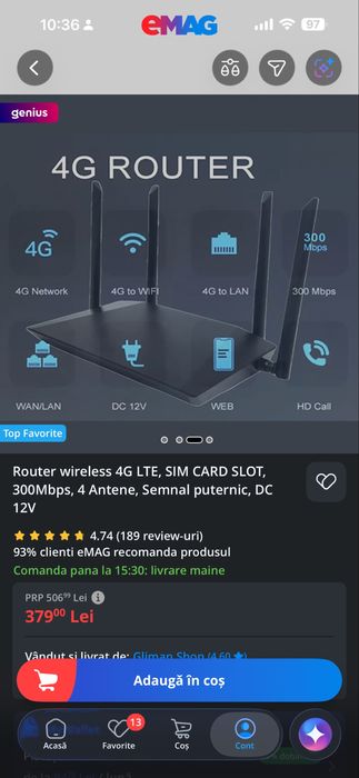 Router 4G LTE cu SIM, 300 Mbps, 4 antene – ca nou