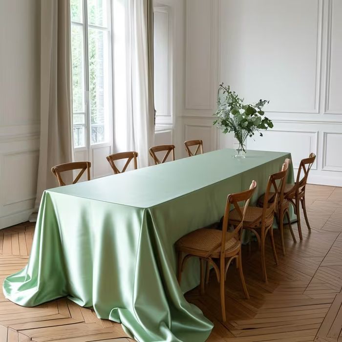 Големи сатенени покривки за сватба sage green и поводи