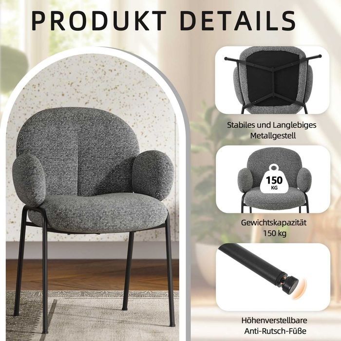 Set de 2 scaune de sufragerie moderne cu cotiere, bej