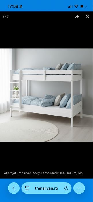 Pat etajat din lemn, alb, 90x200cm cu saltele incluse