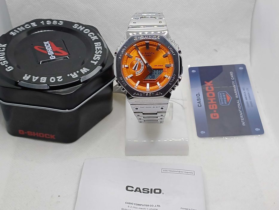 Ceas Casio g shock Metal GM B2110d Silver Orange Nou,Garantie 2 ani