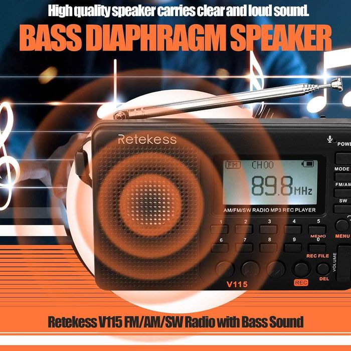 RETEKESS V115 FM,AM,SW радиоприемник,REC,TF Card MP3 Player