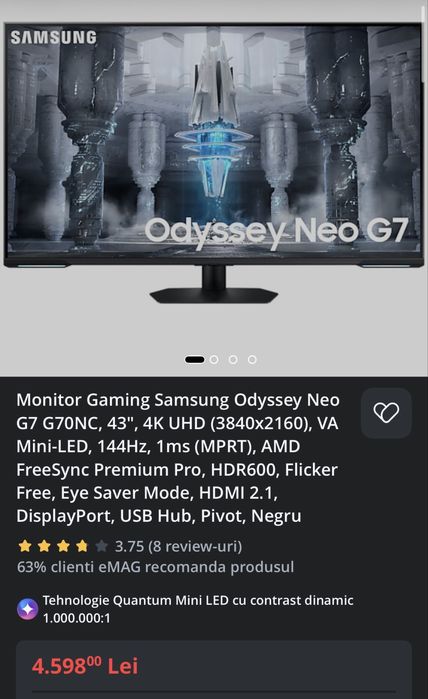 Samsung Odyssey Neo G7 G70NC 43” – 4K UHD, 144Hz, Mini-LED