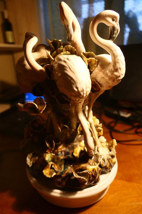 Pasari Flamingo Portelan h 45cm cu Stand Suport Bibelou Vintage