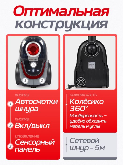 Пылесос Samsung мощный 3600 W, инновационный циклонный, НЕРА фильтр
