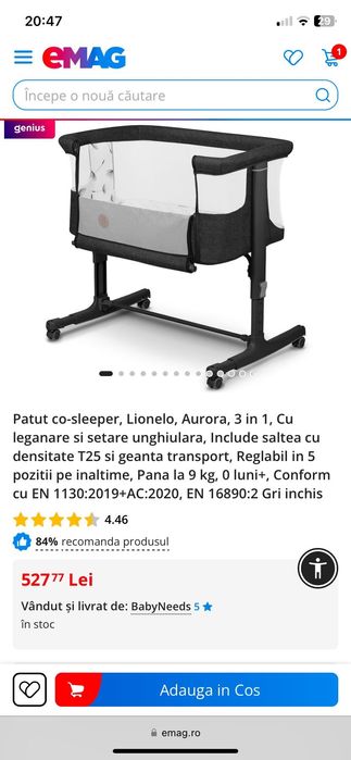 Patut co-sleeper, Lionelo, Aurora, 3 in 1 + 2 husă de saltea