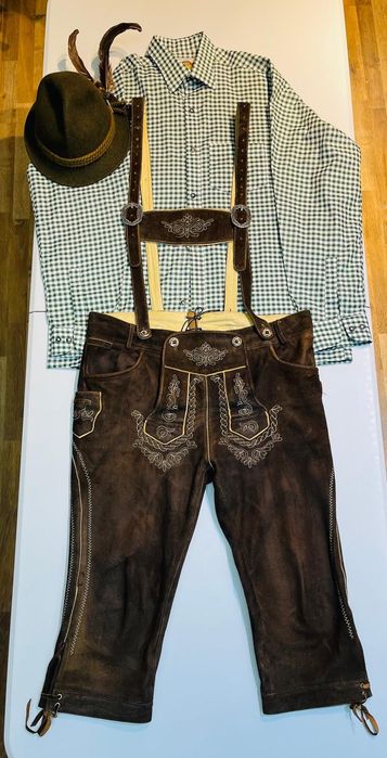 Costum Tradițional Bavarez ORIGINAL (Lederhosen) din Piele Naturală – Complet / Opțional fără cămașă
