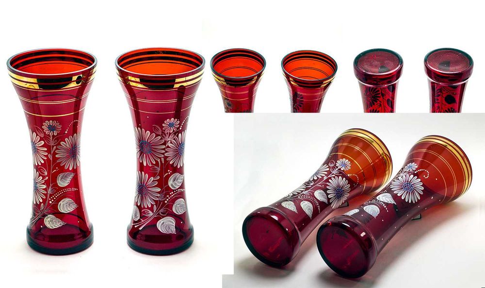 2 красные вазы с белой апликацией "Ромашки" - #Богема #Чехословакия