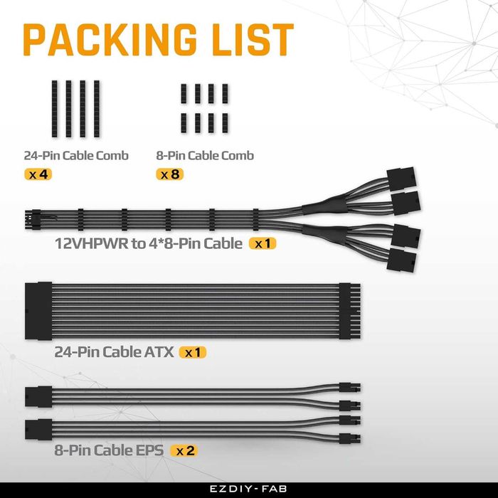 Kit cablu manson EZDIY-FAB PCIE 5.0 12VHPWR extensie cablu alimentare PSU PC Desktop GPU 16AWG 24PIN-ATX/(4+4) PIN-EPS/(12+4) PIN la 4X 8 PIN PCIE
